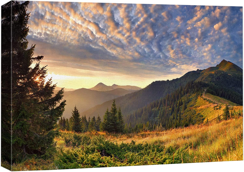Canvas Print Wall Art Sunset Over The Golden Mountain Forest Landscape Nature Wilderness Photography Realism Rustic Scenic Colorful Green Ultra for Living Room, Bedroom, Office - 24&quot;x36&quot;