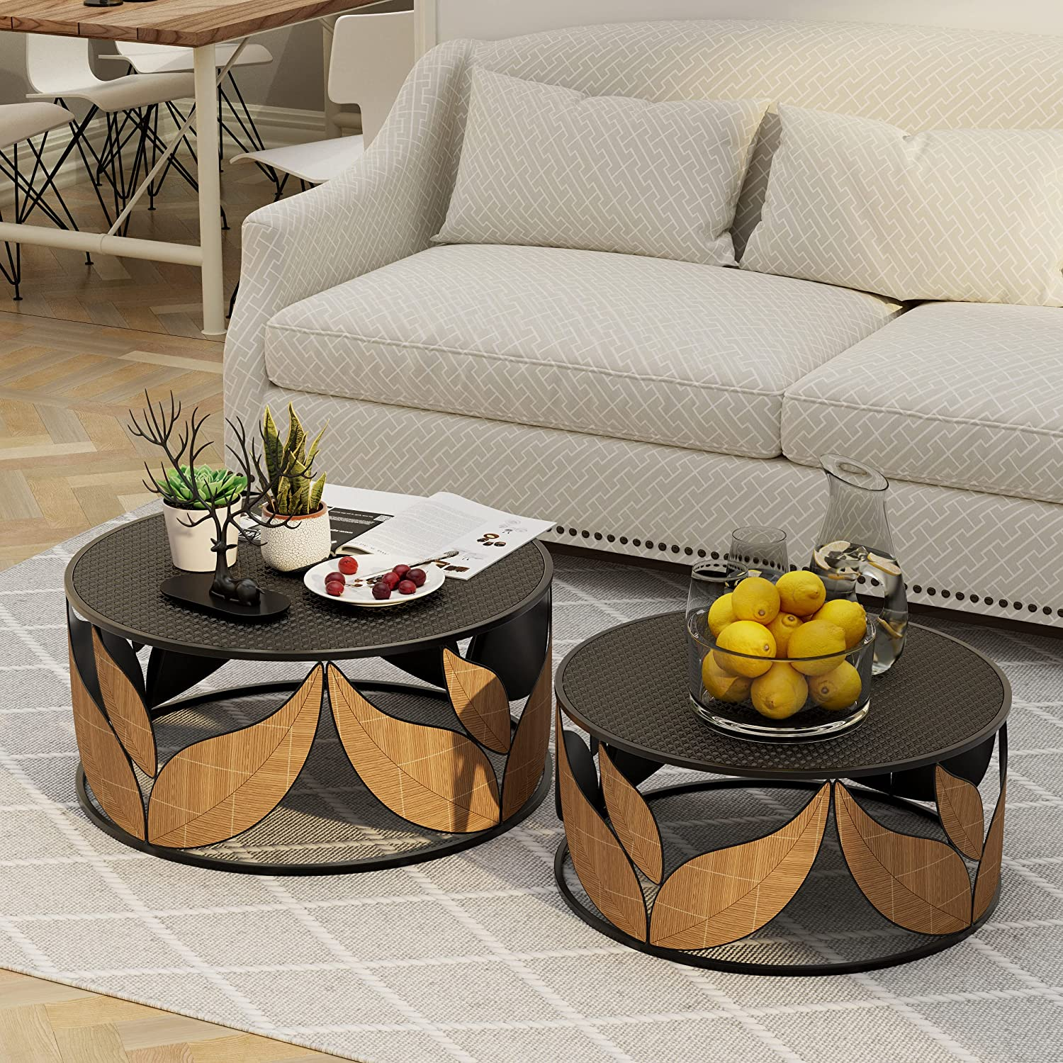 Goods2UQuick Modern Nesting Coffee Table Set of 2, Round Industrial Coffee Table Fully-Assembled Circle Coffee Table with Leaf Decoration for Living Room, Bedroom, Farmhouse ，Black