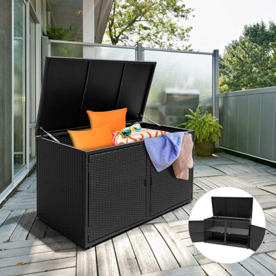 Goods2UQuick Outdoor Wicker Storage Box, Garden Deck Bin with Steel Frame, Rattan Pool Storage Box with Lid, Ideal for Storing Tools, Accessories and Toys, 88 Gallon Capacity (Black)