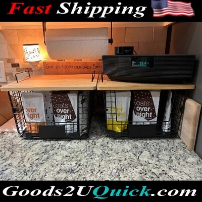 2 Set Kitchen Counter Basket with Bamboo Top Pantry Cabinet Organization and Storage Wire Basket