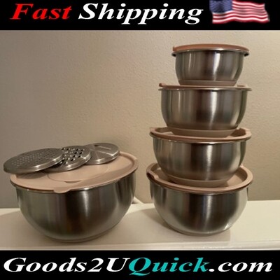 Stainless Steel Non-slip Silicone Bottoms Mixing Bowls W/ Lids, Set of 5