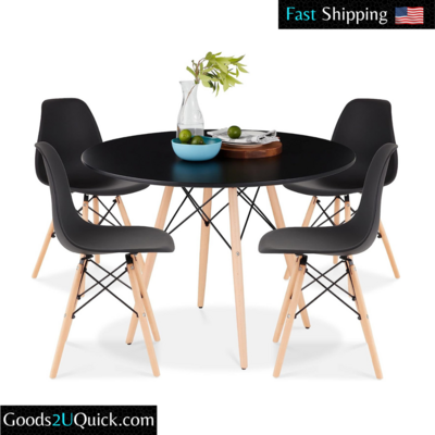 Mid-Century 5-Piece Complete Dining Set with Round Table, 4 Sturdy Chairs W/ Solid Wood Legs