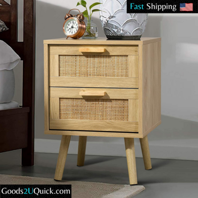 (Set of 2) Lovely Nightstand with 2 Hand Made Rattan-Decorated Drawers, End Table and Side Table