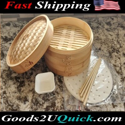Dumpling Steamer, Bamboo Steamer Basket 10 inch 2 Tier Food Steamer w/ 2 Sets of Chopsticks
