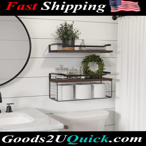 Floating Shelves Storage Basket with Protective Metal Guardrail- Dark Walnut