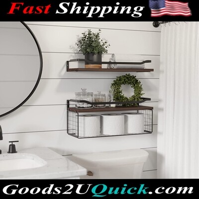 Floating Shelves Storage Basket with Protective Metal Guardrail- Dark Walnut
