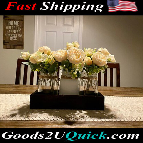 Mason Jar Lights Centerpiece Table Decorations for Dining Room Farmhouse Coffee Table Wood Tray with 3 Jars Flowers