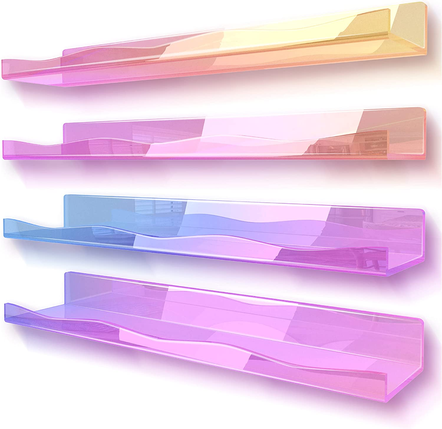 4 Pack 15.7 in Large Iridescent Clear Acrylic Wall Mounted Floating Shelf Display Organizer