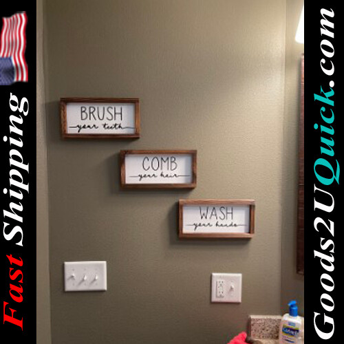 Set of 3 Wash Your Hands Brush Your Teeth Comb Your Hair Rustic Wood Farmhouse Bathroom Wall Decor