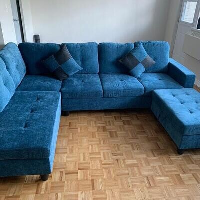 Living Room Blue Sectional Sofa Couch L Shaped with Ottoman Storage Piece