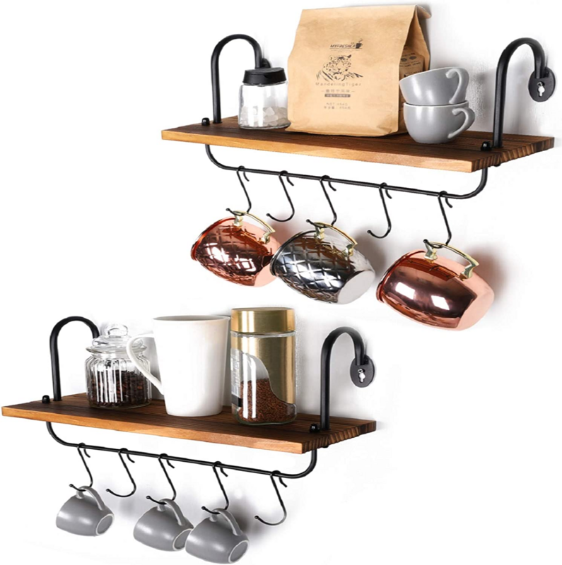 Set of 2 Floating Rustic Storage Wall Shelves Kitchen Bathroom Coffee Nook with 10 Adjustable Hooks for Mugs