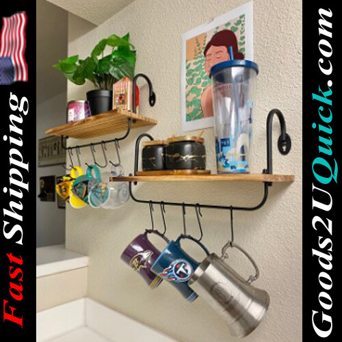 Set of 2 Floating Rustic Storage Wall Shelves Kitchen Bathroom Coffee Nook with 10 Adjustable Hooks for Mugs