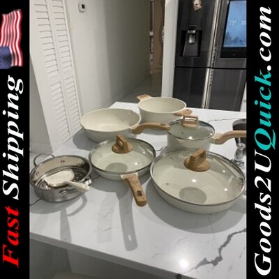 10 Pcs White Granite Induction Kitchen Cookware Sets Non Stick Cooking Set w/Frying Pans & Saucepans