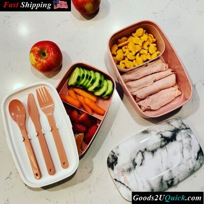 Modern Bento-Style All-in-One Stackable Bento Lunch Box Container w/ Built-in Plastic Utensil Set