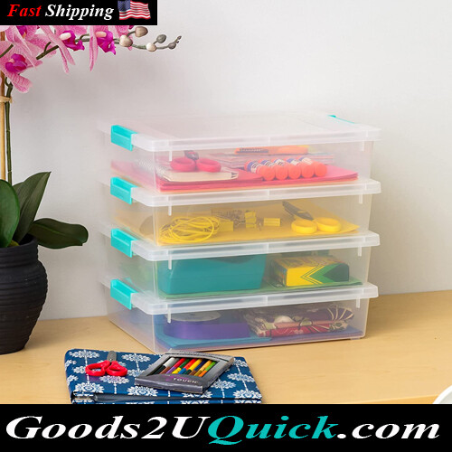 4 Pack 6 Quart Clear Plastic Storage Bins with Secure Latching Buckles, Organizing Container