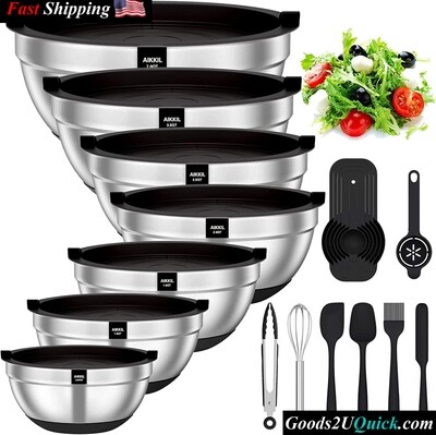 20 piece Non-Slip Silicone Bottom Stainless Steel Metal Nesting Bowls Size 7
