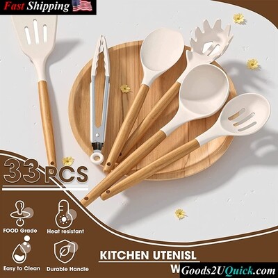 33 pcs Non-Stick Silicone Cooking Kitchen Utensils Spatula Set with Holder (Khaki)