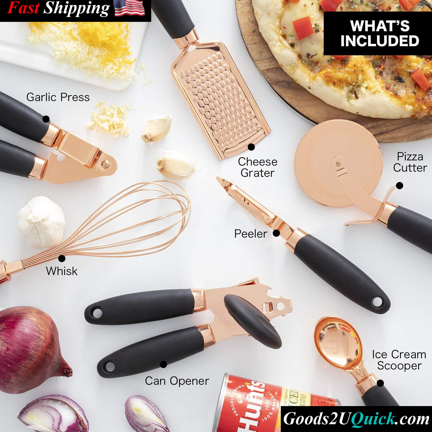 7 Pc Stainless Steel Kitchen Gadget Set Copper Coated  Utensils with Soft Touch Black Handles