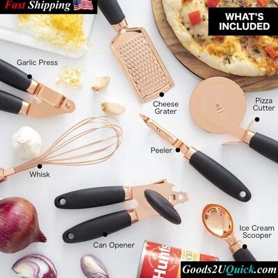 7 Pc Stainless Steel Kitchen Gadget Set Copper Coated Utensils with Soft Touch Black Handles