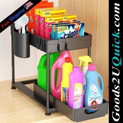 New 2 Tier Kitchen Under Sink Organizer Pull Out Drawer with 4 Hooks, 1 Hanging Cup, 4 Non-Slip Feet - Black
