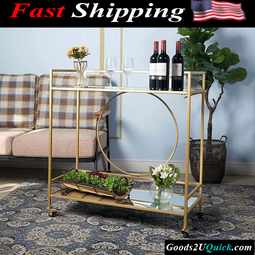 Gold Mirror Rolling Serving Bar Cart on Lockable Wheels  Liquor Cart Stand for Home Kitchen Storage