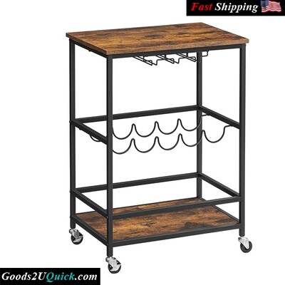 Serving Cart Glass Stemware Rack and Wine Bottle Holders with Wheels - Rustic Brown and Black