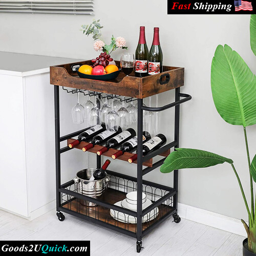 Mobile Kitchen Serving  Industrial Wine Cart with Removable Wood Tray and Glass Holder - Rustic Brown
