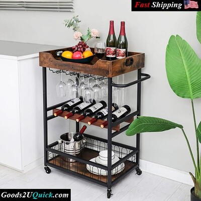 Mobile Kitchen Serving  Industrial Wine Cart with Removable Wood Tray and Glass Holder - Rustic Brown