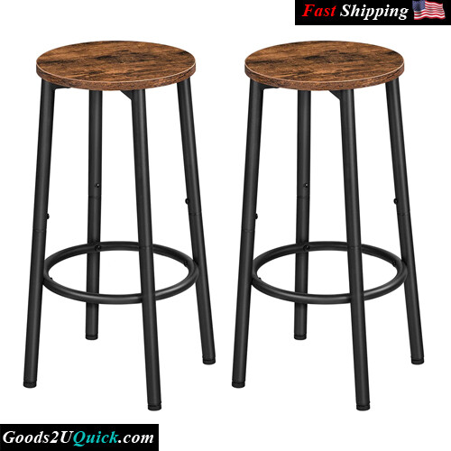 Set of 2 Bar Stools Kitchen Round Bar Chairs with Footrest And Sturdy Steel Frame Adjustable Feet - Rustic Brown