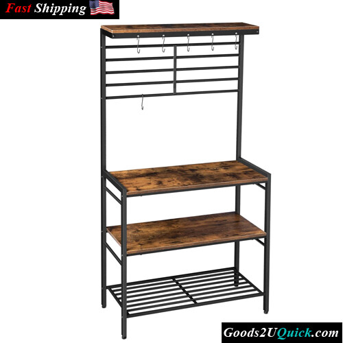 4 Shelves and Mesh Panel Microwave Stand Kitchen Storage Shelf Rack with Hooks And Adjustable Feet