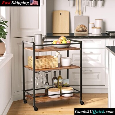 Serving Cart with Wine Glass Hooks Rolling Kitchen Cart And Lockable Wheels