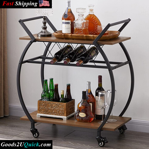 Modern Wood and Metal Portable 2 Tier Kitchen Cart on Wheels Utility Industrial Mobile Serving Cart - Rustic Oak