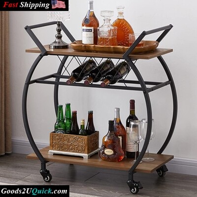Modern Wood and Metal Portable 2 Tier Kitchen Cart on Wheels Utility Industrial Mobile Serving Cart - Rustic Oak