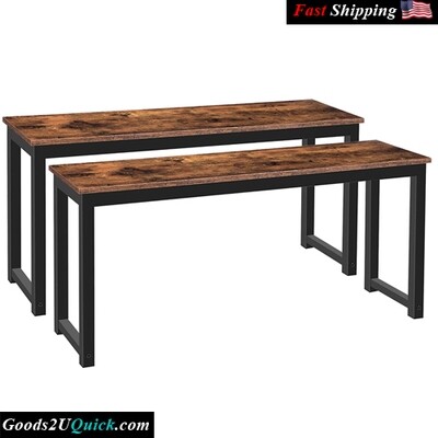 Pair of 2 Durable Metal Frame Industrial Style Indoor Benches  for Kitchen, Dining Room, Living Room - Rustic Brown