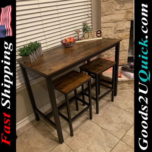 3-Piece Breakfast Table Set 47.2” Rectangular Pub Bar Table and 2 Bar Stools With Sturdy Metal Frame - Rustic Brown