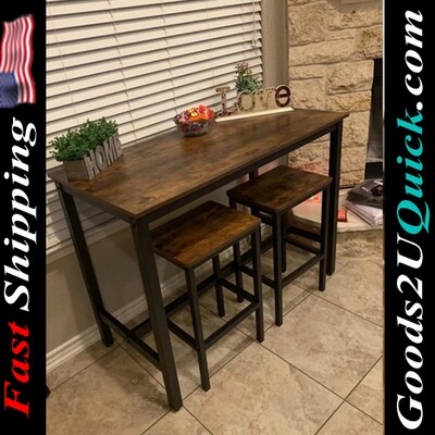 3-Piece Breakfast Table Set 47.2” Rectangular Pub Bar Table and 2 Bar Stools With Sturdy Metal Frame - Rustic Brown