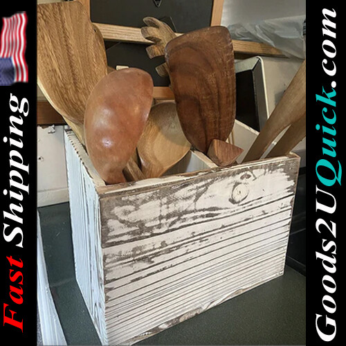 Rustic Farmhouse Kitchen Utensil Holder Wood Organizer Box Caddy With 2 Compartments(White)