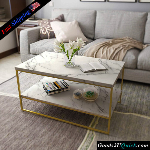 2-Tier Marble Rectangle Center Coffee  Table  with Storage for Living Room And Office (White )