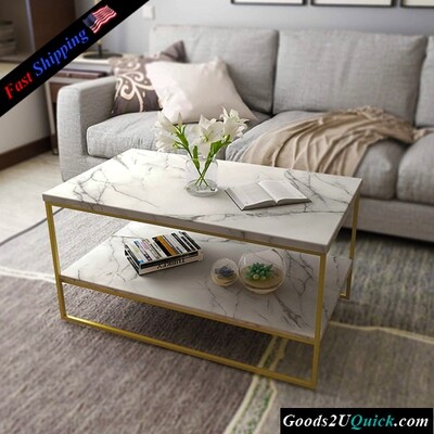 2-Tier Marble Rectangle Center Coffee  Table  with Storage for Living Room And Office (White )