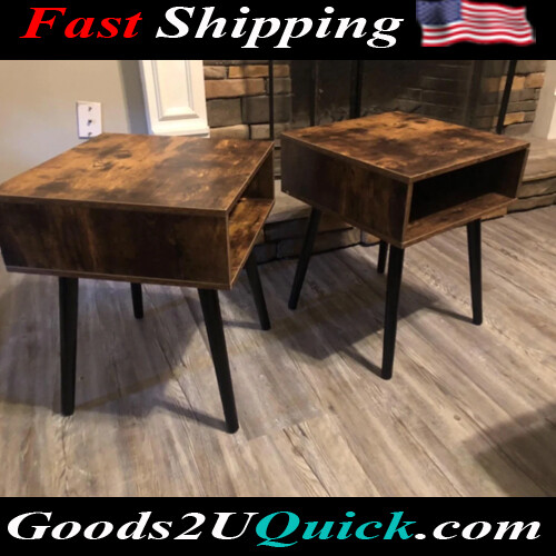Set of 2 Mid-Century Nightstand Bedside End Table with Drawer And Wooden Legs, Rustic Brown