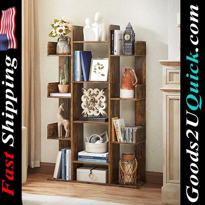 New 55.1”H Tree-Shaped Bookcase with 13 Storage Shelves And Rounded Corners, Rustic Brown
