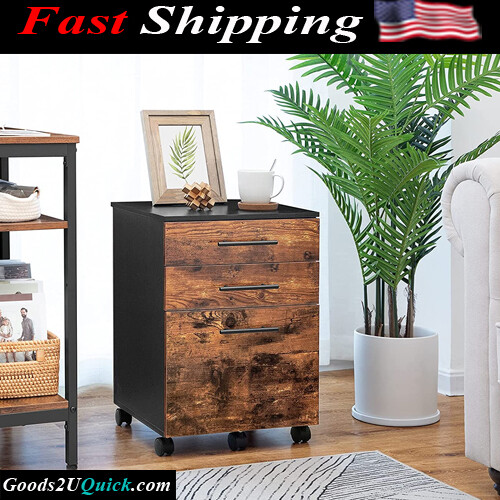New 3 Drawers Rolling File Filing Office Cabinet for Home Office , Rustic Brown and Black