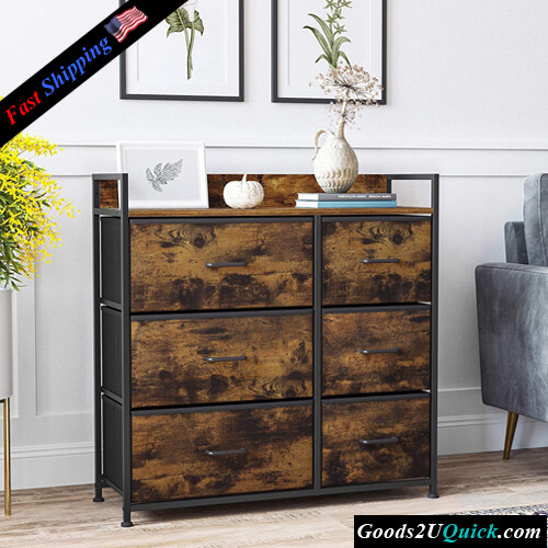 6 Fabric Drawers Dresser Closet Storage Dresser Organizer Chest With Metal Frame And Handles, Rustic Brown and Black