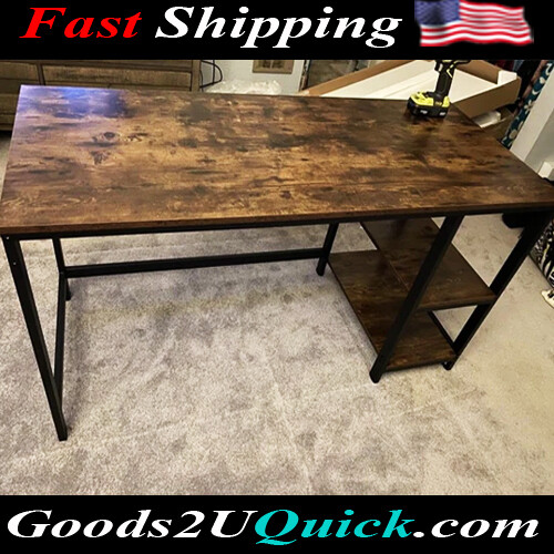 New 55.1-Inch Industrial Wide Home Office Writing Desk with 2 Shelves And Steel Frame , Rustic Brown and Black