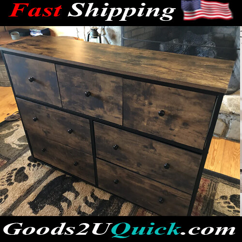 Industrial Wide Storage Dresser Tower Wooden Top and Front with 7 Fabric Drawers And Metal Frame