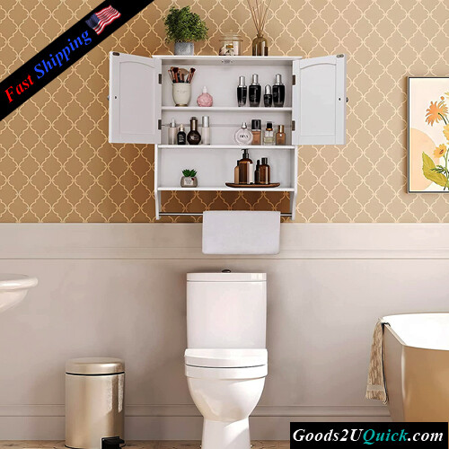 Wall Bathroom Medicine Cabinet with 2 Shelf &amp; Towels Bar with 2 Doors for Bathroom, White