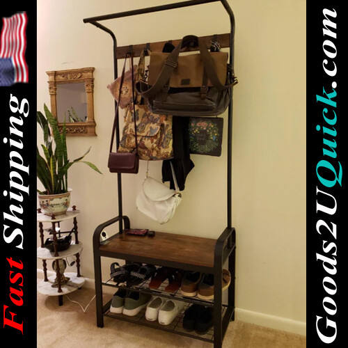 4-in-1 Hall Tree with Shoe Bench with 9 Removable Hooks And a Hanging Rod for Entryway , Rustic Brown and Black