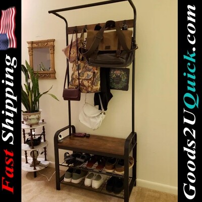 4-in-1 Hall Tree with Shoe Bench with 9 Removable Hooks And a Hanging Rod for Entryway , Rustic Brown and Black