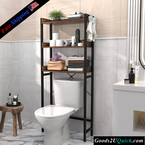 3-Tier Bathroom Organizer Shelf Over Toilet Freestanding Space Saver Toilet Stands with 4 Hooks, Rustic Brown