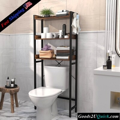 3-Tier Bathroom Organizer Shelf Over Toilet Freestanding Space Saver Toilet Stands with 4 Hooks, Rustic Brown